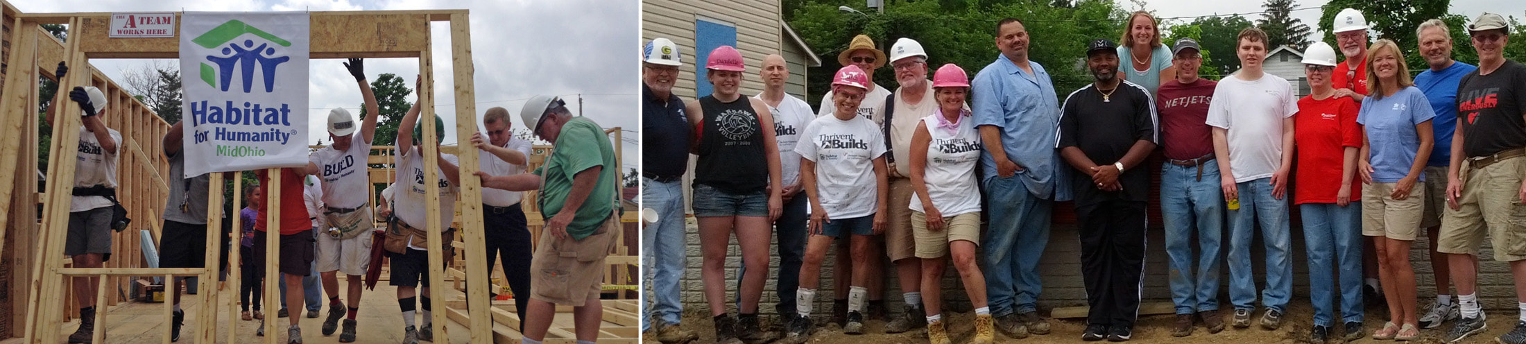 photos of volunteers constructing the framework of houses.