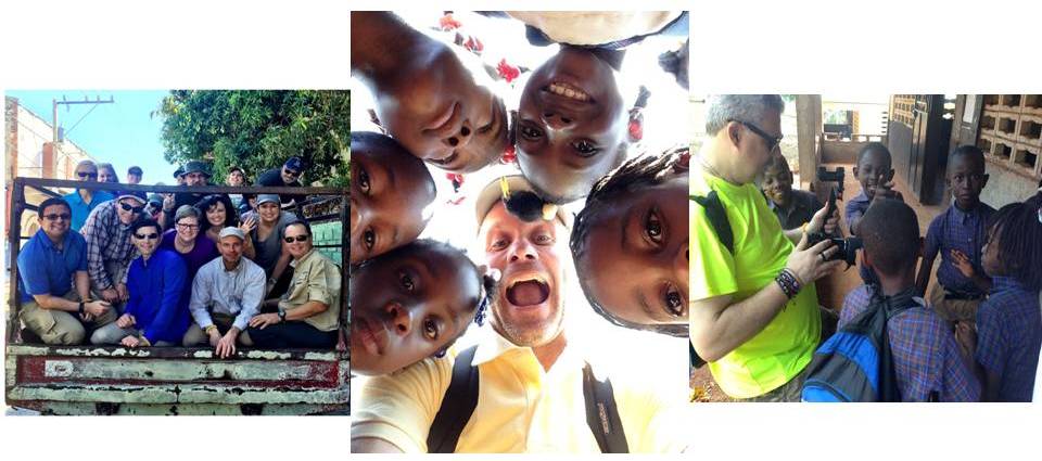 photos of Peace volunteers smiling in group photos with Haitian children.